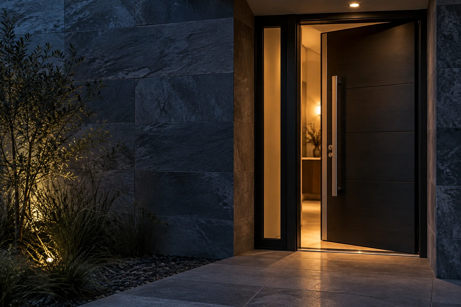 Warmer Lichtschein durch eine geöffnete Haustür – Architekturvisualisierung